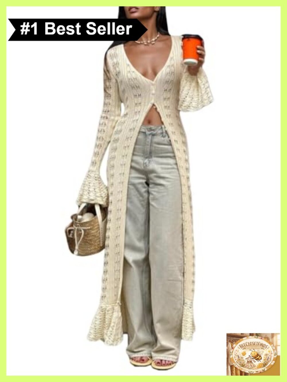 Crochet Hollow Out Knit Maxi Cardigan Button Down Long Sleeve Cover Up